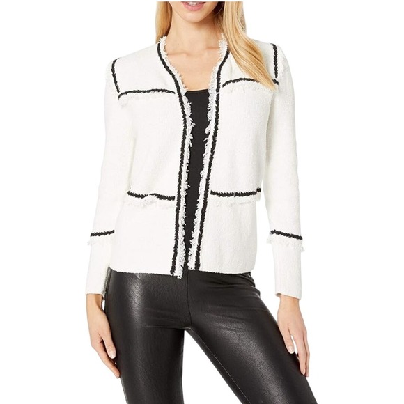 NWOT NIC+ZOE Cream Fringe Trim Tweed Jacket Blazer Womens Large Classic Chic - Picture 1 of 14